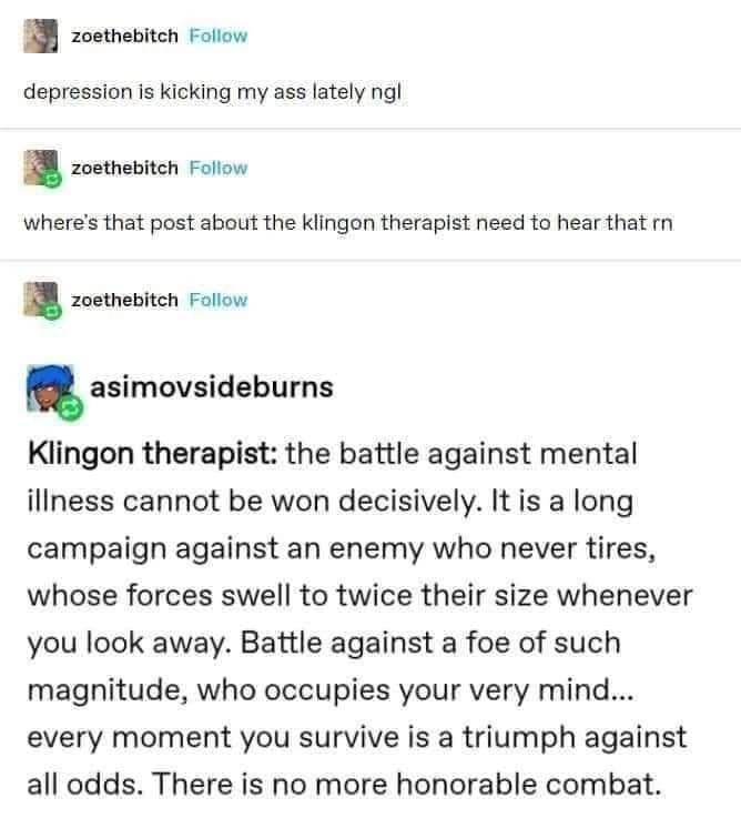 B zoethabiten Fotion depression Is kicking my ass lately ngl wheres that post about the klingon therapist need to hear that rn p asimovsideburns Klingon therapist the battle against mental iliness cannot be won decisively It is a long campaign against an enemy who never tires whose forces swell to twice their size whenever you look away Battle against a foe of such magnitude who occupies your very