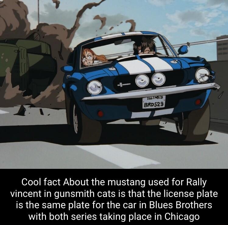 Cool fact About the mustang used for Rally vincent in gunsmith cats is that the license plate is the same plate for the car in Blues Brothers with both series taking place in Chicago