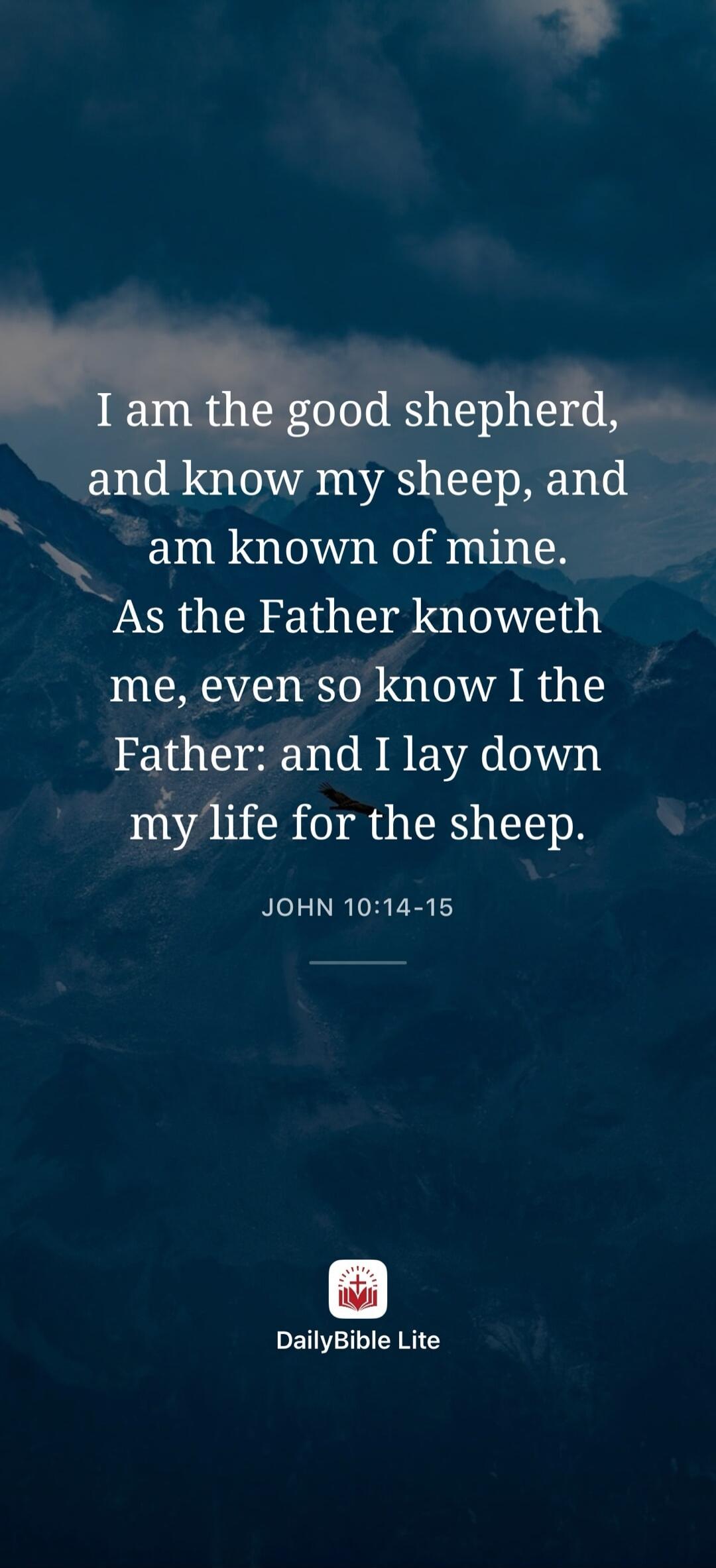 I am the good shepherd, and know my sheep, and am known of mine. As the Father knoweth me, even so know I the Father: and I lay down my life for the sheep. JOHN 10:14-15 DailyBible Lite