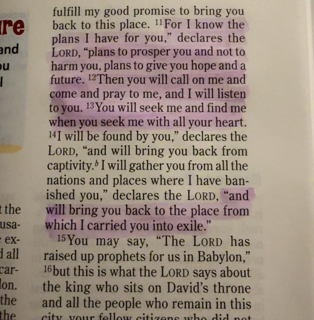 fulfill my good promise to bring you back to this place. For I know the plans I have for you,” declares the LORD, “plans to prosper you and not to harm you, plans to give you hope and a future. Then you will call on me and come and pray to me, and I will listen to you. You will seek me and find me when you seek me with all your heart. I will be fou
