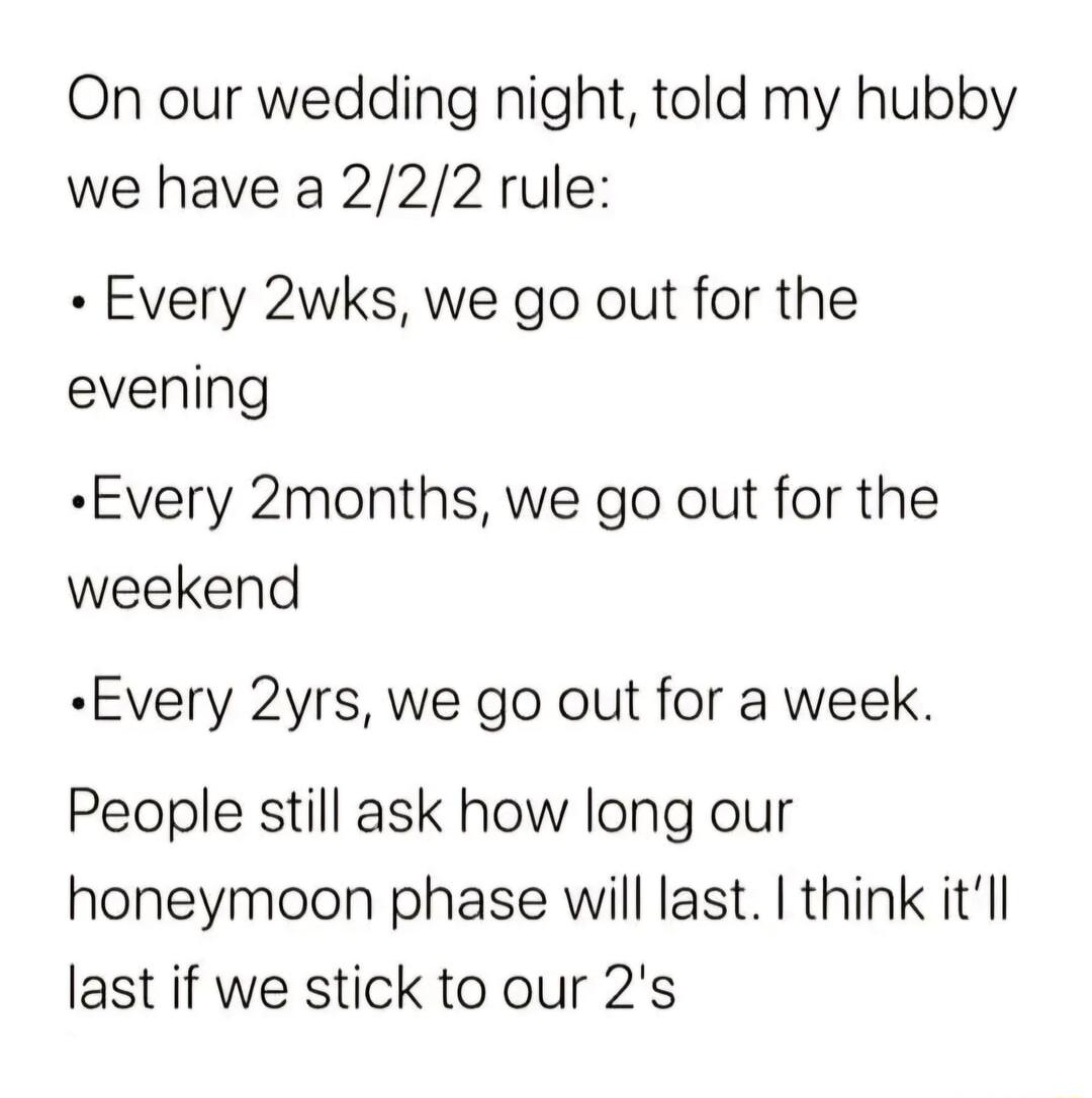 On our wedding night told my hubby we have a 222 rule Every 2wks we go out for the evening Every 2months we go out for the weekend Every 2yrs we go out for a week People still ask how long our honeymoon phase will last think itll last if we stick to our 2s