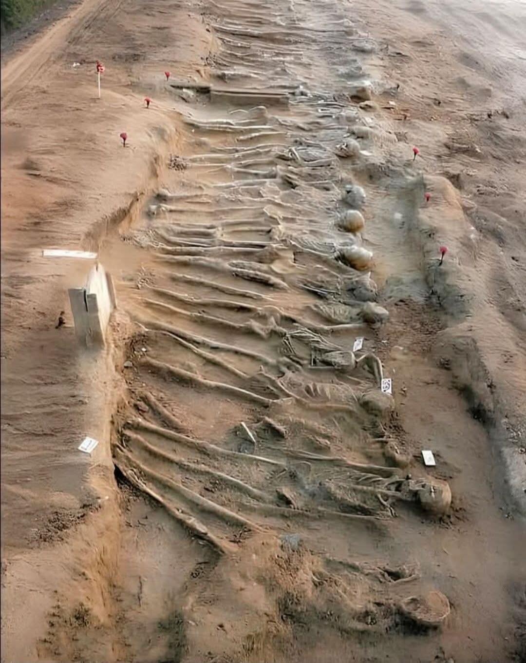 An archaeological trench exposing numerous human skeletons laid out in rows, with labeling markers and workers visible nearby.