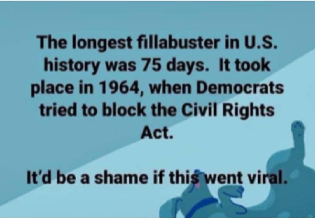 The longest fillabuster in US history was 75 days It took place in 1964 when Democrats tried to block the Civil Rights Act Itd be a shame if thigiwent vi