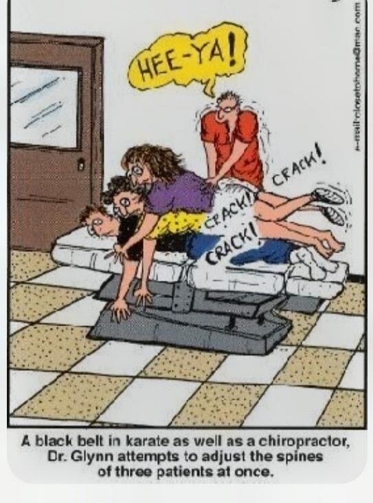 HEE-YA! CRACK! CRACK! CRACK! A black belt in karate as well as a chiropractor, Dr. Glynn attempts to adjust the spines of three patients at once.