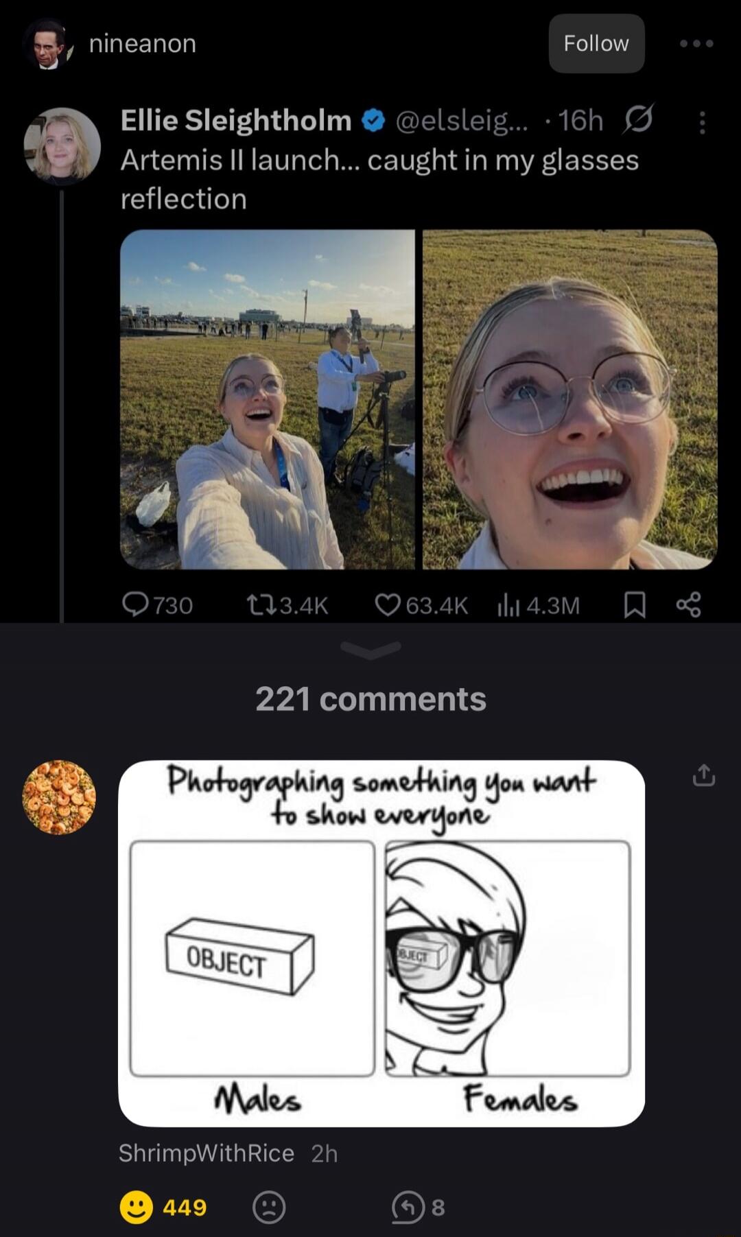 Artemis II launch... caught in my glasses reflection. Photographing something you want to show everyone. Males: OBJECT. Females: OBJECT.