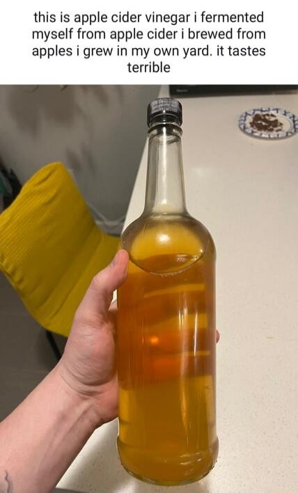 this is apple cider vinegar i fermented myself from apple cider i brewed from apples i grew in my own yard. it tastes terrible