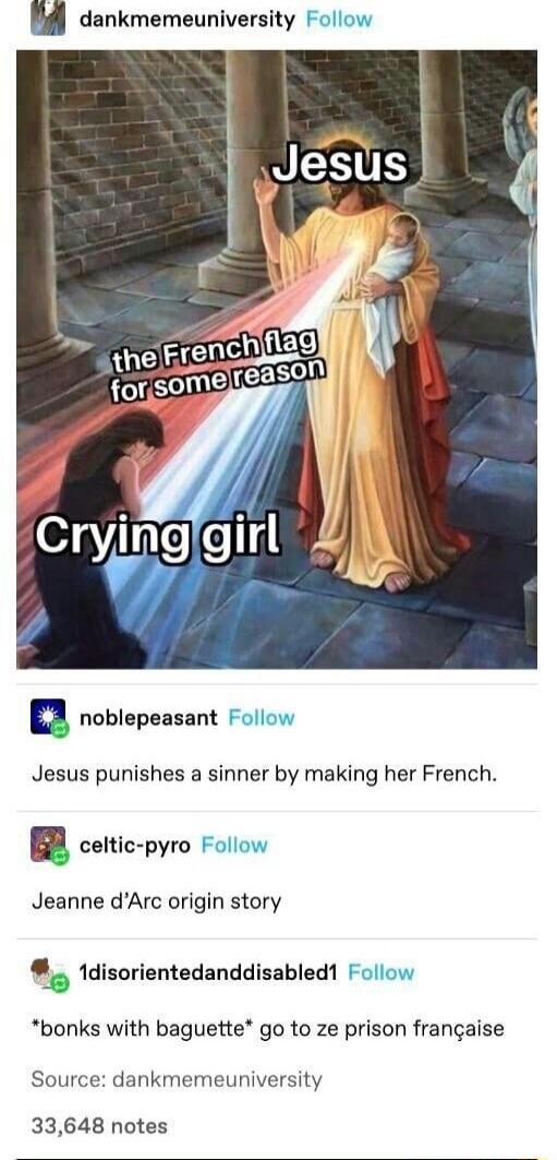 Pl dankmemeuniversity Follow n noblepeasant Follow Jesus punishes a sinner by making her French n celtic pyro Follow Jeanne dArc origin story 1disorientedanddisabledt Follow bonks with baguette go to ze prison francaise Source dankmemeuniversity 33648 notes