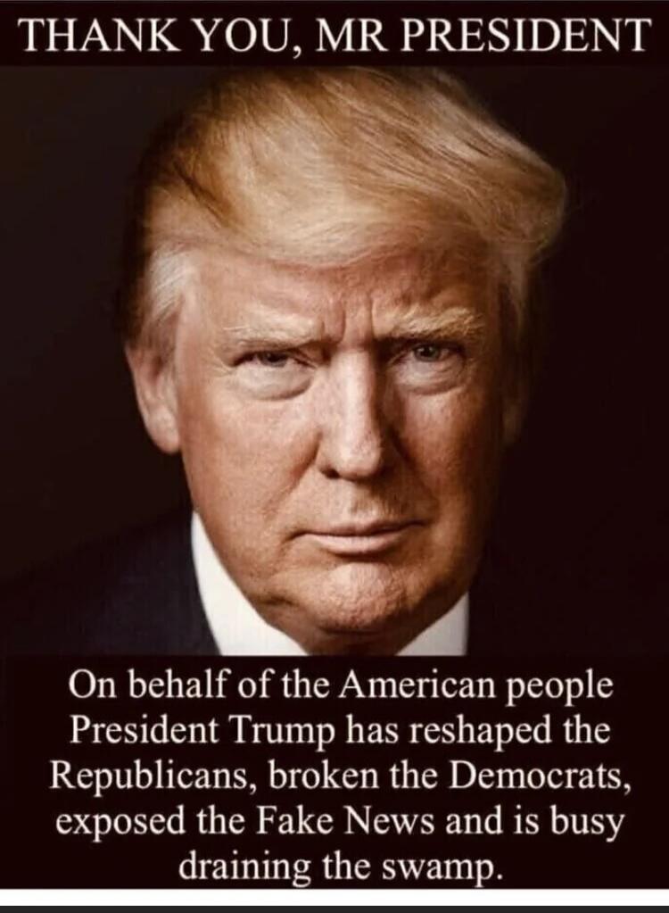 THANK YOU, MR PRESIDENT

On behalf of the American people President Trump has reshaped the Republicans, broken the Democrats, exposed the Fake News and is busy draining the swamp.