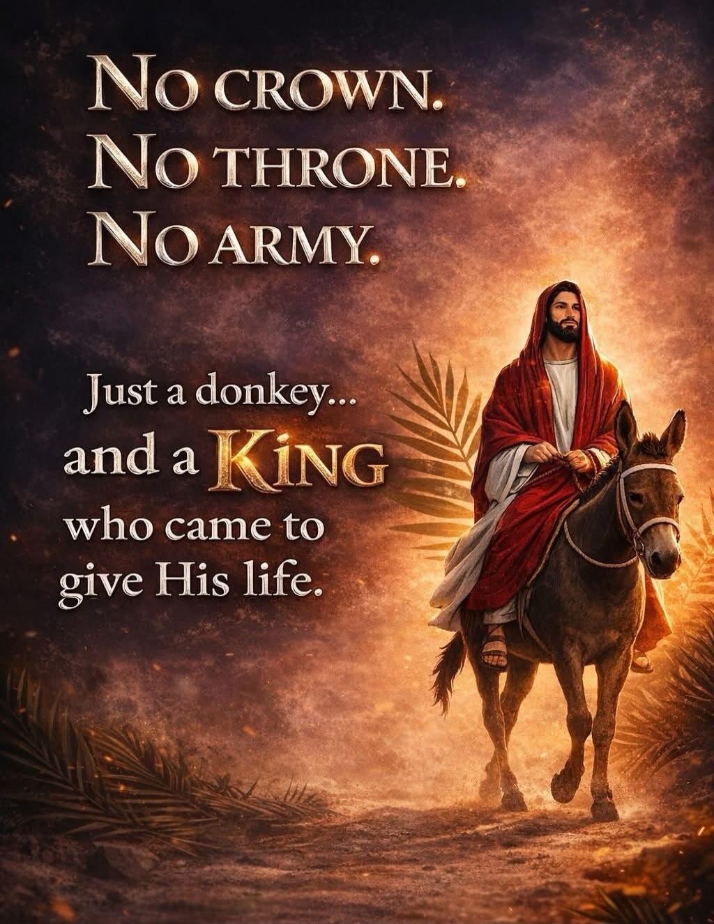 No crown. No throne. No army. Just a donkey... and a King who came to give His life.