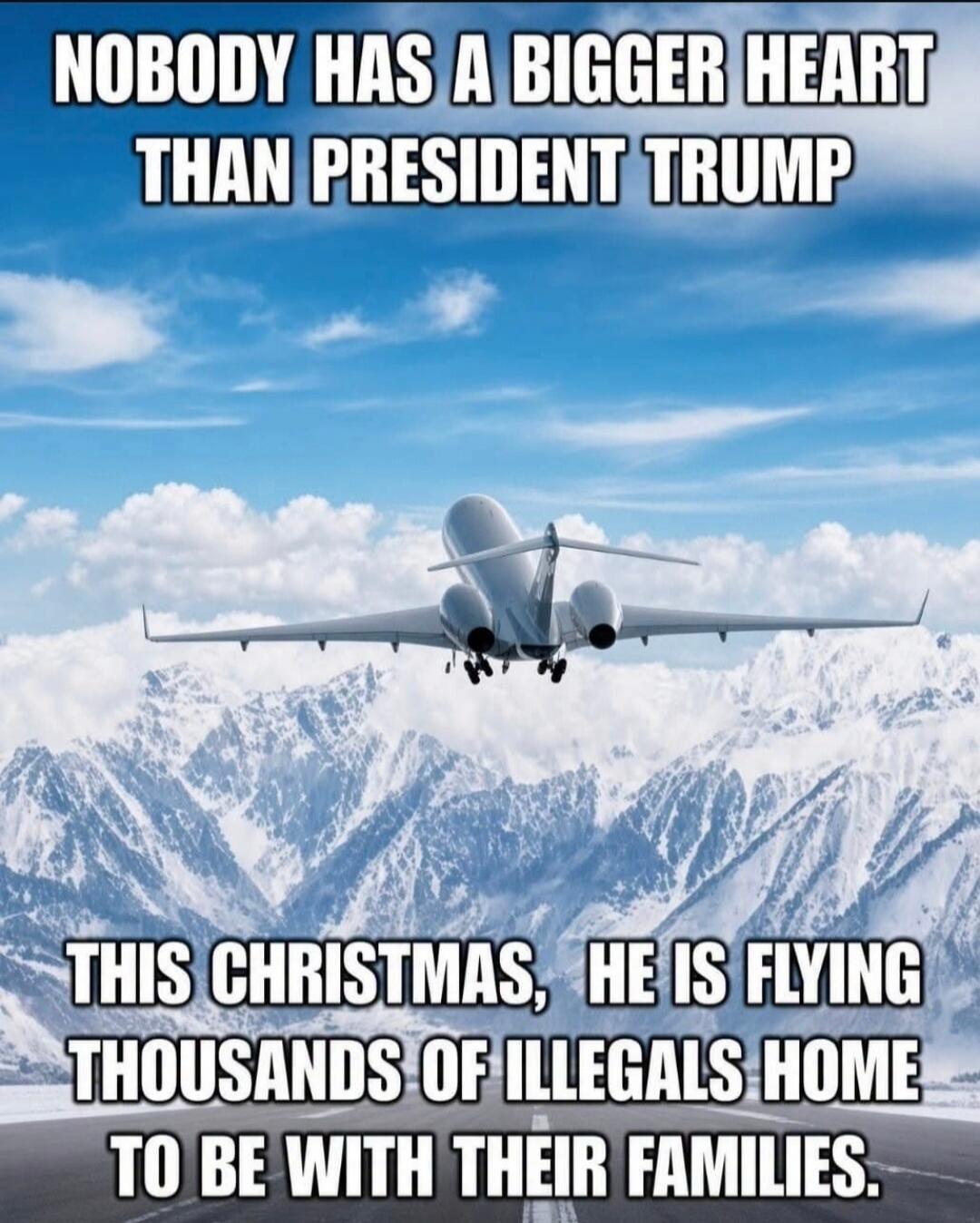 NOBODY HAS A BIGGER HEART THAN PRESIDENT TRUMP THIS CHRISTMAS, HE IS FLYING THOUSANDS OF ILLEGALS HOME TO BE WITH THEIR FAMILIES.
