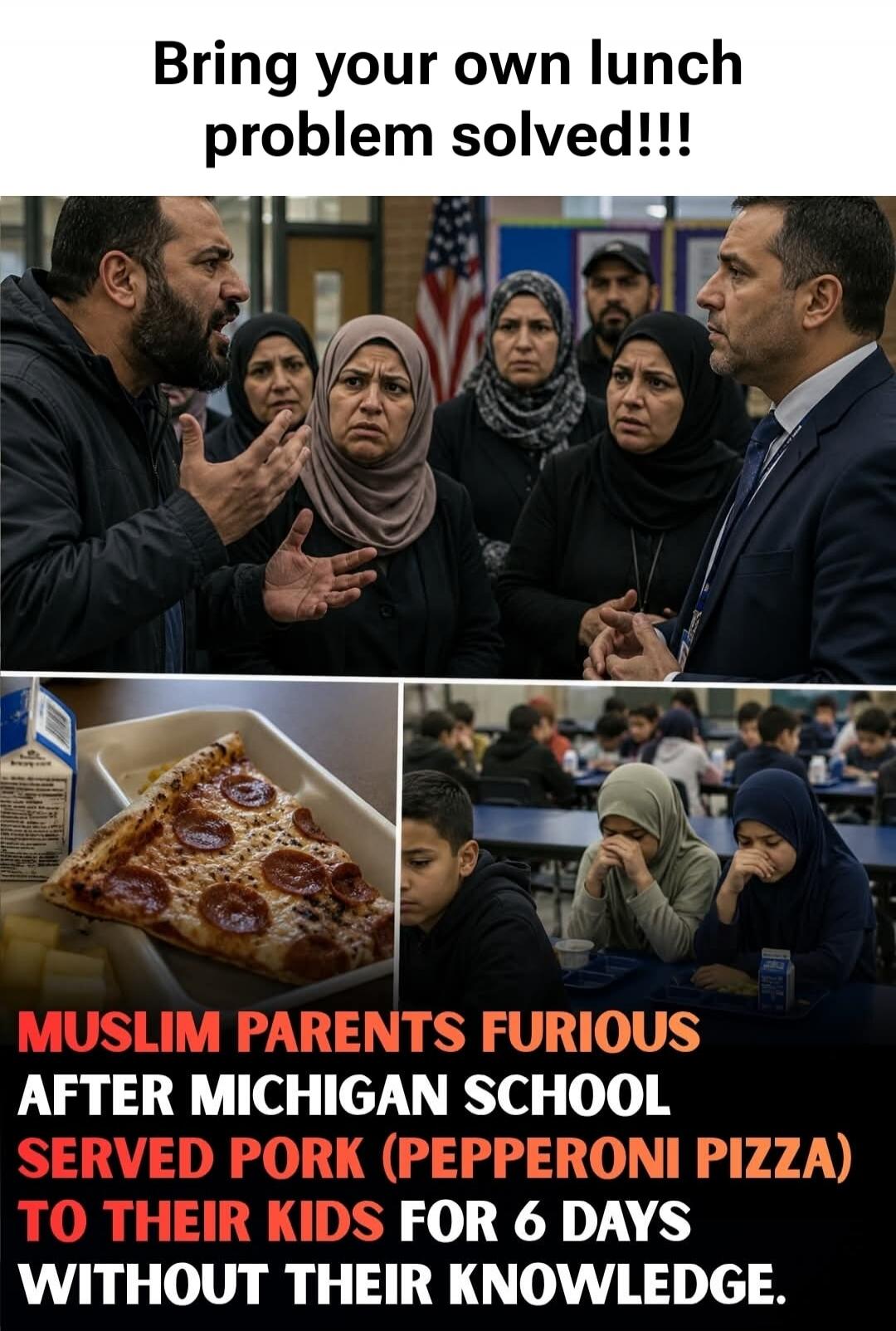 Bring your own lunch problem solved!!! MUSLIM PARENTS FURIOUS AFTER MICHIGAN SCHOOL SERVED PORK (PEPPERONI PIZZA) TO THEIR KIDS FOR 6 DAYS WITHOUT THEIR KNOWLEDGE.