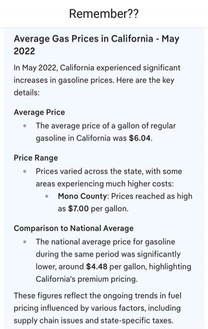 Remember?? Average Gas Prices in California - May 2022. In May 2022, California experienced significant increases in gasoline prices. Here are the key details: Average Price. The average price of a gallon of regular gasoline in California was $6.04. Price Range. Prices varied across the state, with some areas experiencing much higher costs: Mono Co