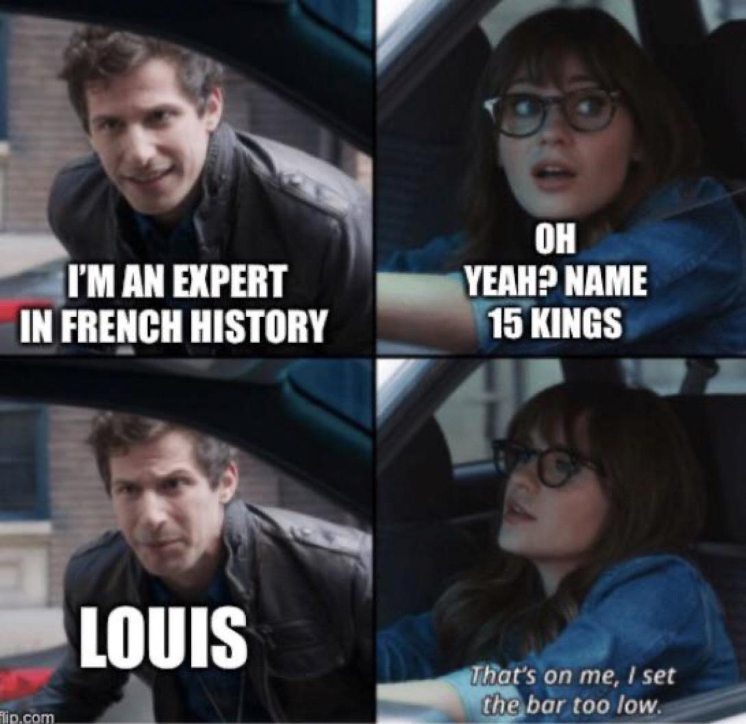7 i y OH IM AN EXPERT YEAH NAME INFRENCHHISTORY _ 19 KINGS 4 s 2 N LOUIS W e A ar too low _I