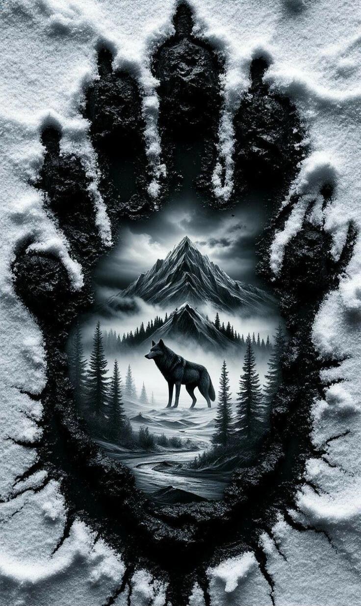 A large black handprint in the snow frames a wintry landscape with a wolf standing in the foreground, mountains and trees in the background.