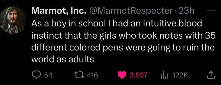 ET0 A L CREIVETG T GER LTl Clavicl As a boy in school had an intuitive blood instinct that the girls who took notes with 35 different colored pens were going to ruin the world as adults Osa a6 397 122k A