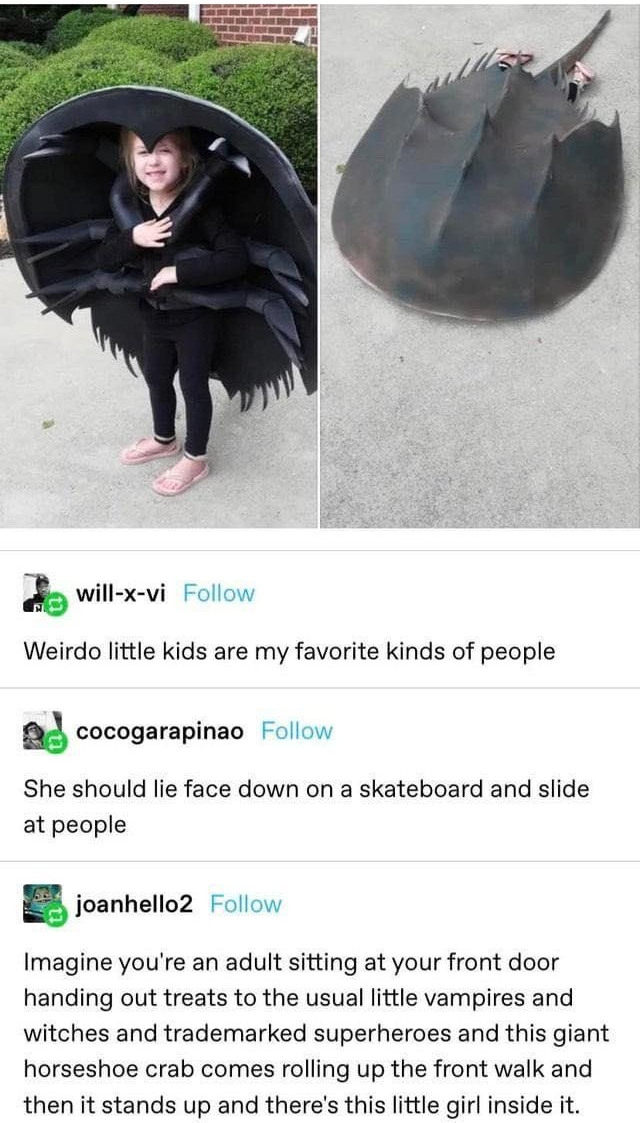 l princessofkazakhstan e willx vi Weirdo little kids are my favorite kinds of people 7 cocogarapinao She should lie face down on a skateboard and slide at people EE joanhello2 Imagine youre an adult sitting at your front door handing out treats to the usual little vampires and witches and trademarked superheroes and this giant horseshoe crab comes rolling up the front walk and then it stands up an
