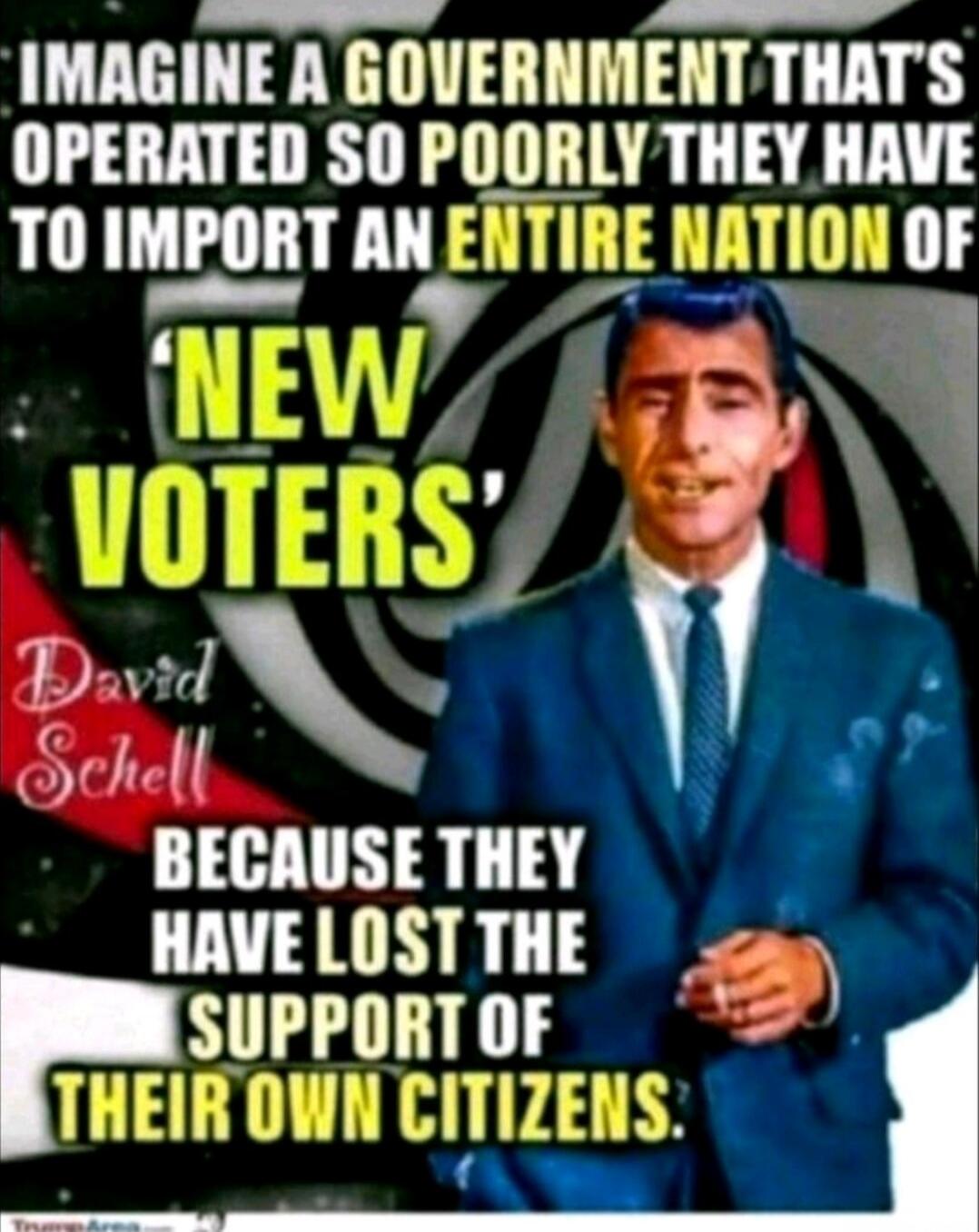 IMAGINE A GOVERNMENT THAT'S OPERATED SO POORLY THEY HAVE TO IMPORT AN ENTIRE NATION OF 'NEW VOTERS' BECAUSE THEY HAVE LOST THE SUPPORT OF THEIR OWN CITIZENS. David Schell