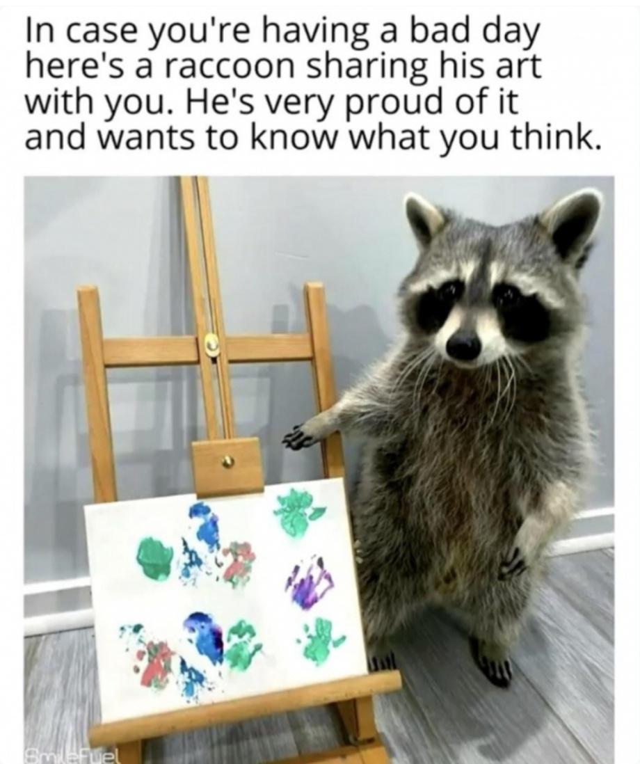 In case youre having a bad day heres a raccoon sharing his art with you Hes very proud of it and wants to know what you think