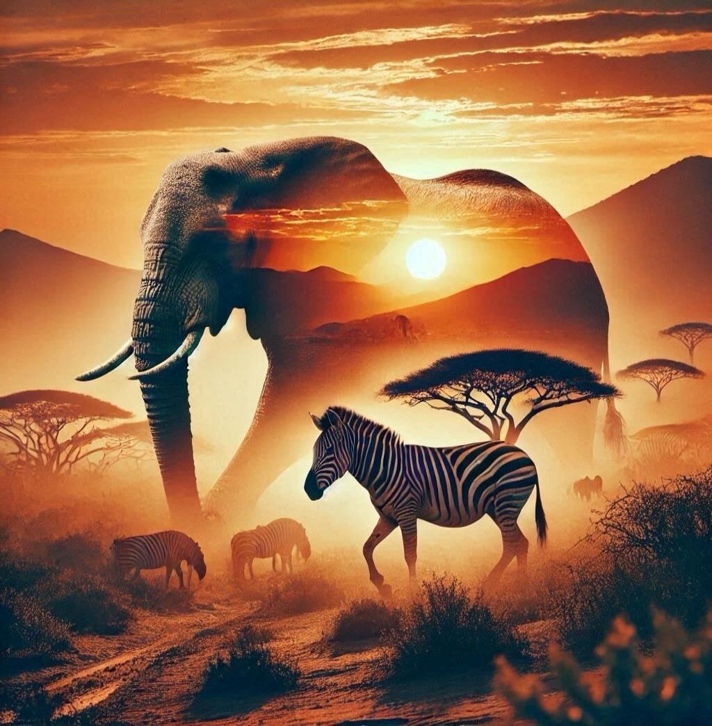 A surreal composite image showing elephants and zebras in a savannah at sunset.