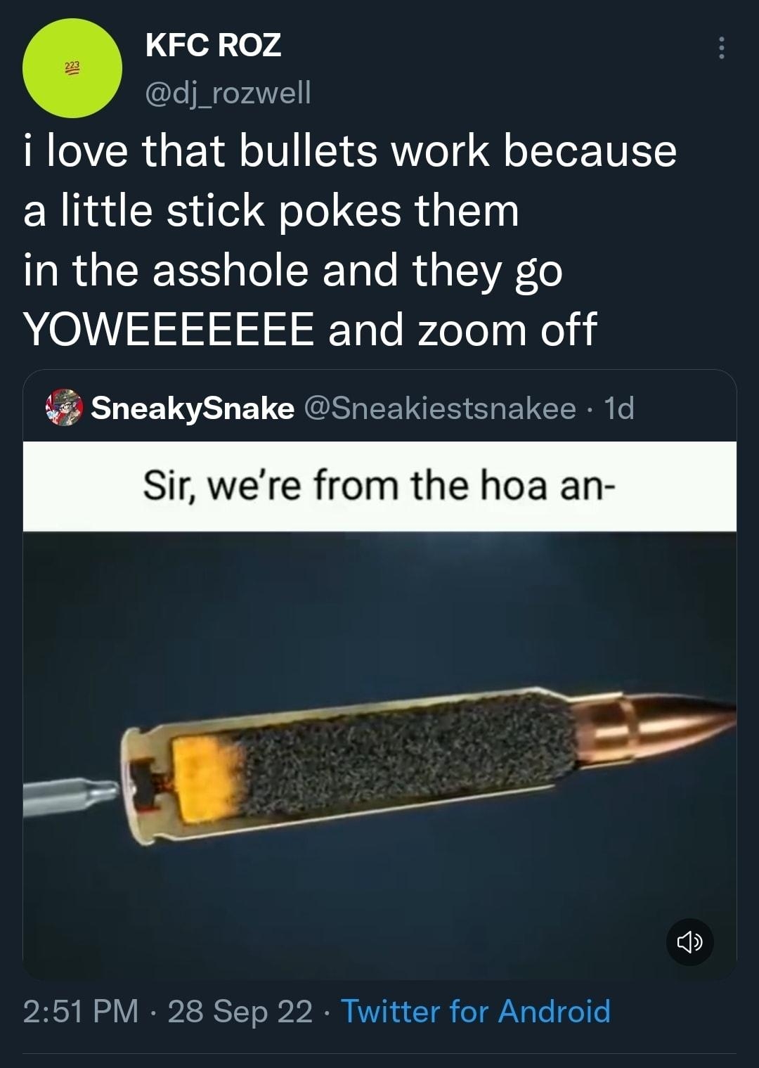 KFCROZ dj_rozwell i love that bullets work because a little stick pokes them in the asshole and they go YOWEEEEEEE and zoom off 4 SneakySnake Sneakiestsnakee 1d Sir were fro e hoa an 251 PM 28 Sep 22 Twitter for Android 995 Retweets 6 Quote Tweets 8496 Likes 9 18 L J