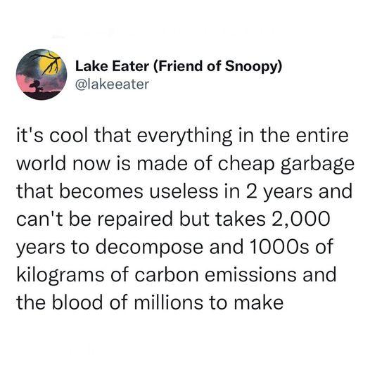 Lake Eater Friend of Snoopy lakeeater its cool that everything in the entire world now is made of cheap garbage that becomes useless in 2 years and cant be repaired but takes 2000 years to decompose and 1000s of kilograms of carbon emissions and the blood of millions to make