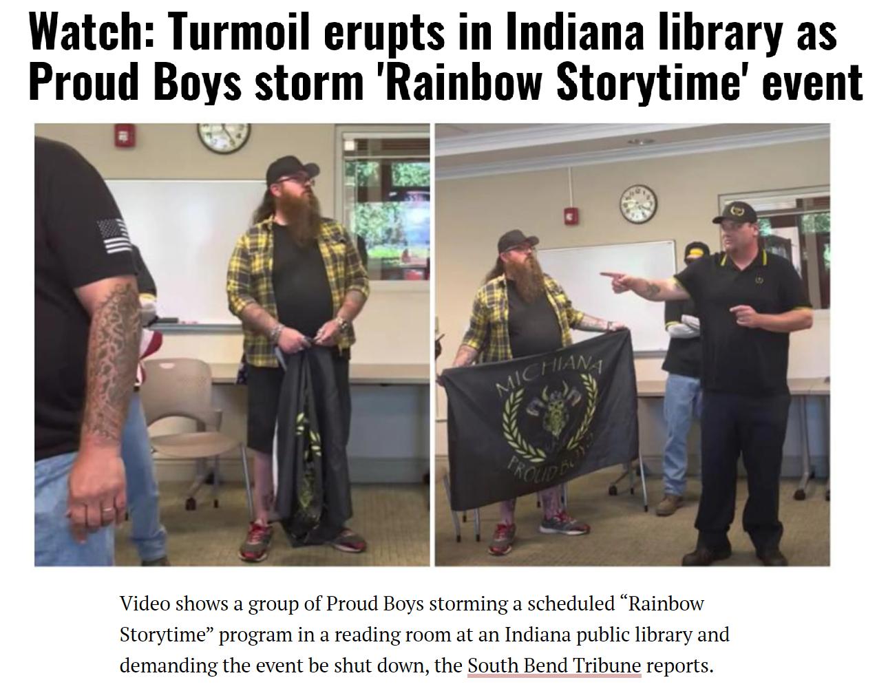 Watch Turmoil erupts in Indiana library as Proud Buvs storm Rainbow Storytime event