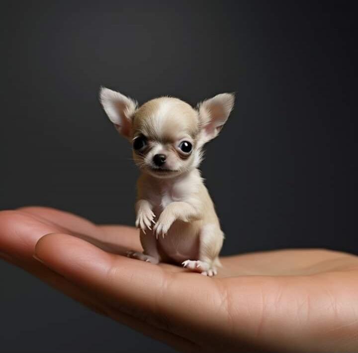 A tiny Chihuahua puppy perched on a person's hand.