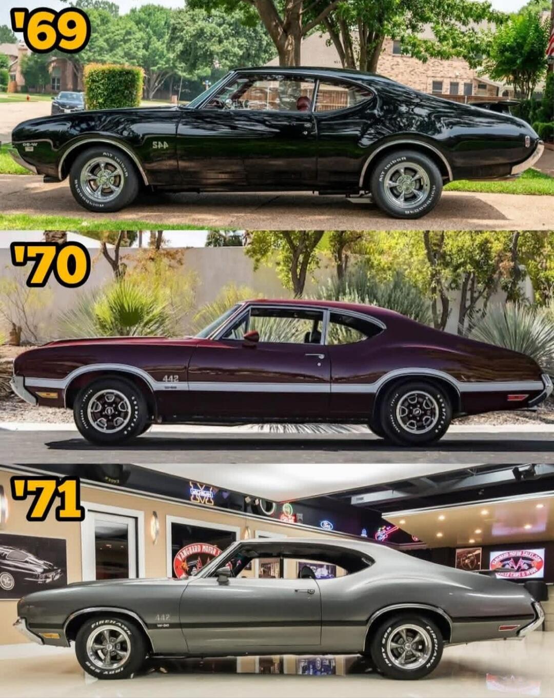 69 Oldsmobile 442 SPA, 70 Oldsmobile 442, 71 Oldsmobile 442. Goodrich and Firestone tires. Vanguard Motor Sales.