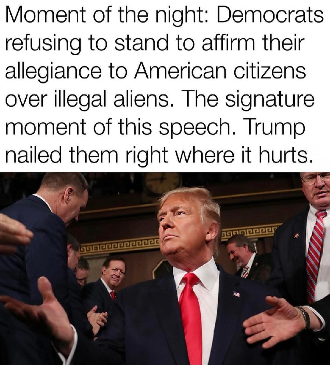 Moment of the night: Democrats refusing to stand to affirm their allegiance to American citizens over illegal aliens. The signature moment of this speech. Trump nailed them right where it hurts.
