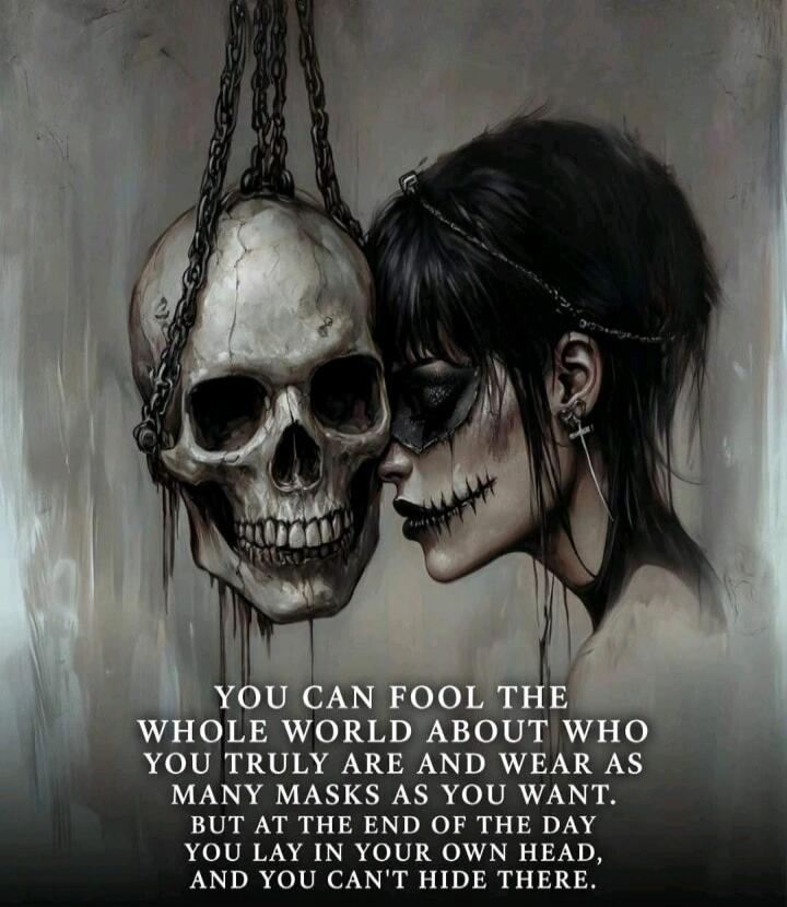YOU CAN FOOL THE WHOLE WORLD ABOUT WHO YOU TRULY ARE AND WEAR AS MANY MASKS AS YOU WANT. BUT AT THE END OF THE DAY YOU LAY IN YOUR OWN HEAD, AND YOU CAN'T HIDE THERE.