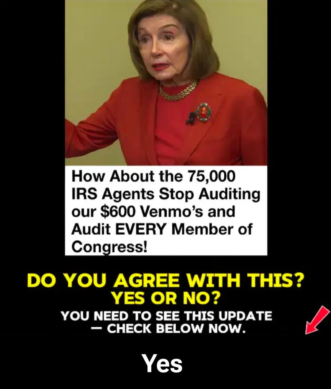 How About the 75,000 IRS Agents Stop Auditing our $600 Venmo's and Audit EVERY Member of Congress! DO YOU AGREE WITH THIS? YES OR NO? YOU NEED TO SEE THIS UPDATE - CHECK BELOW NOW. Yes