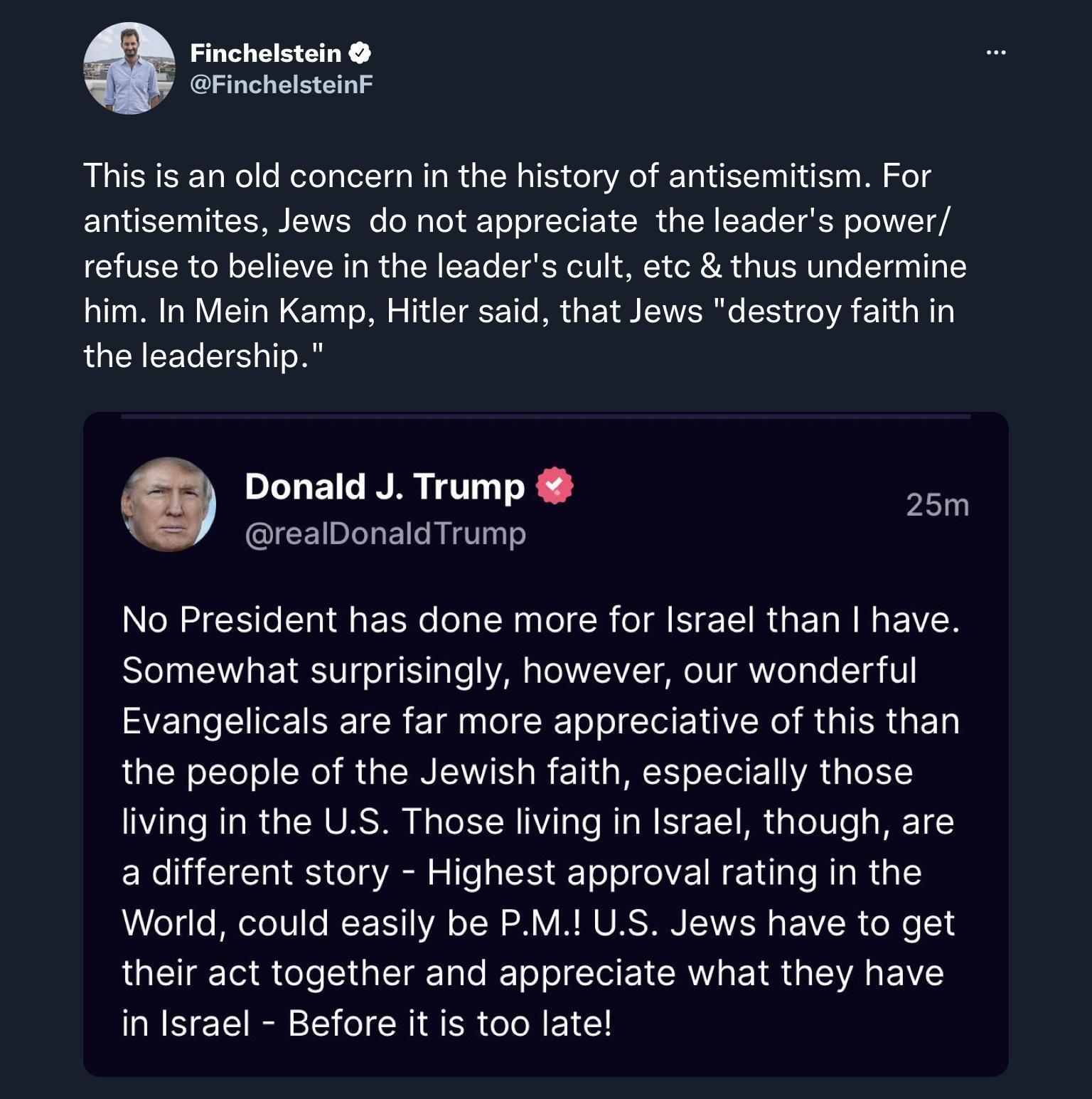 Finchelstein FinchelstainF This is an old concern in the history of antisemitism For antisemites Jews do not appreciate the leaders power refuse to believe in the leaders cult etc thus undermine him In Mein Kamp Hitler said that Jews destroy faith in the leadership Donald J Trump realDonaldTrump No President has done more for Israel than have Somewhat surprisingly however our wonderful Evangelical