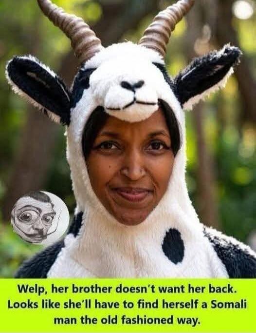 A person wearing a goat or gazelle costume head, with a small circular meme image of a distorted face overlaid. The text on the image reads: 
