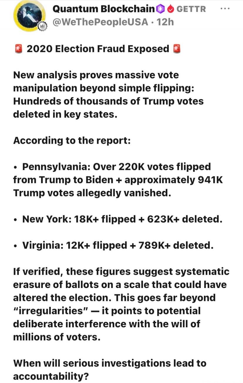 Quantum Blockchain GETTR @WeThePeopleUSA · 12h
2020 Election Fraud Exposed
New analysis proves massive vote manipulation beyond simple flipping: Hundreds of thousands of Trump votes deleted in key states.
According to the report:
• Pennsylvania: Over 220K votes flipped from Trump to Biden + approximately 941K Trump votes allegedly vanished.
• New Y
