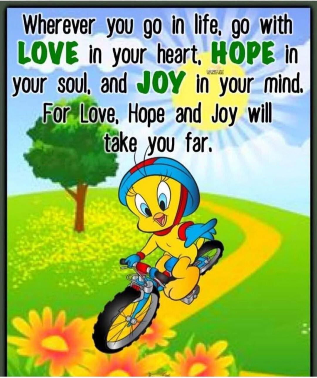 Wherever you go in life, go with LOVE in your heart, HOPE in your soul, and JOY in your mind. For Love, Hope and Joy will take you far.