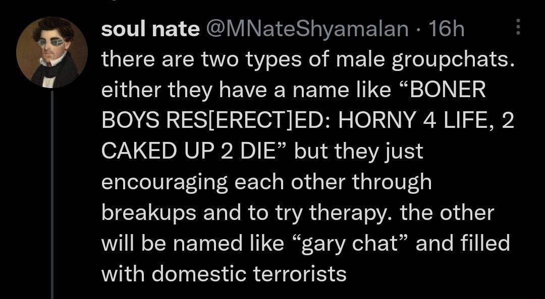 soul nate MNateShyamalan 16h there are two types of male groupchats CHGEIRGEV EVEE N ET ER TER lel 123 BOYS RESERECTED HORNY 4 LIFE 2 CAKED UP 2 DIE but they just encouraging each other through breakups and to try therapy the other will be named like gary chat and filled with domestic terrorists