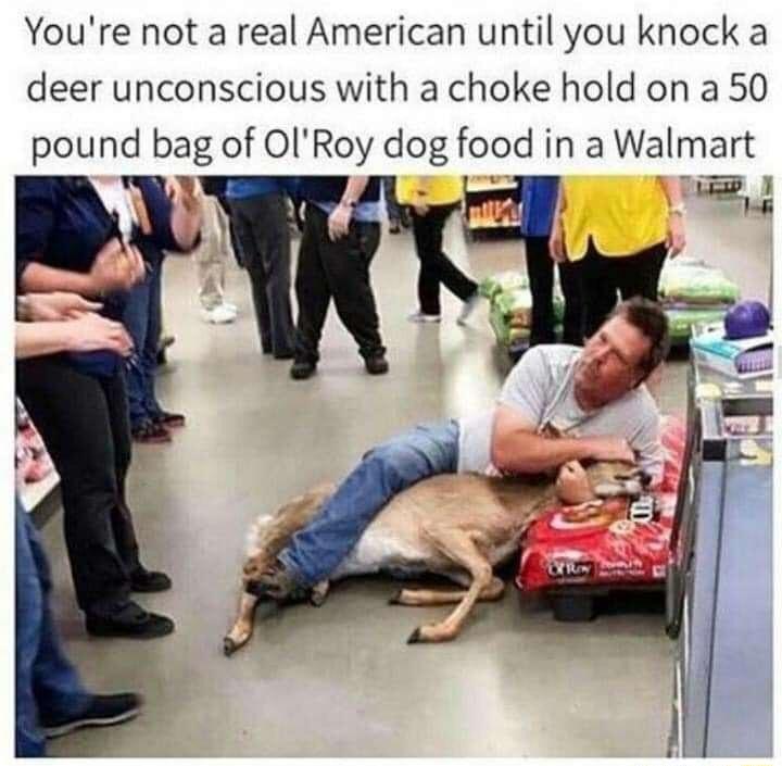 Youre not a real American until you knock a deer unconscious with a choke hold on a 50 pound bag of OlRoy dog food in a Walmart