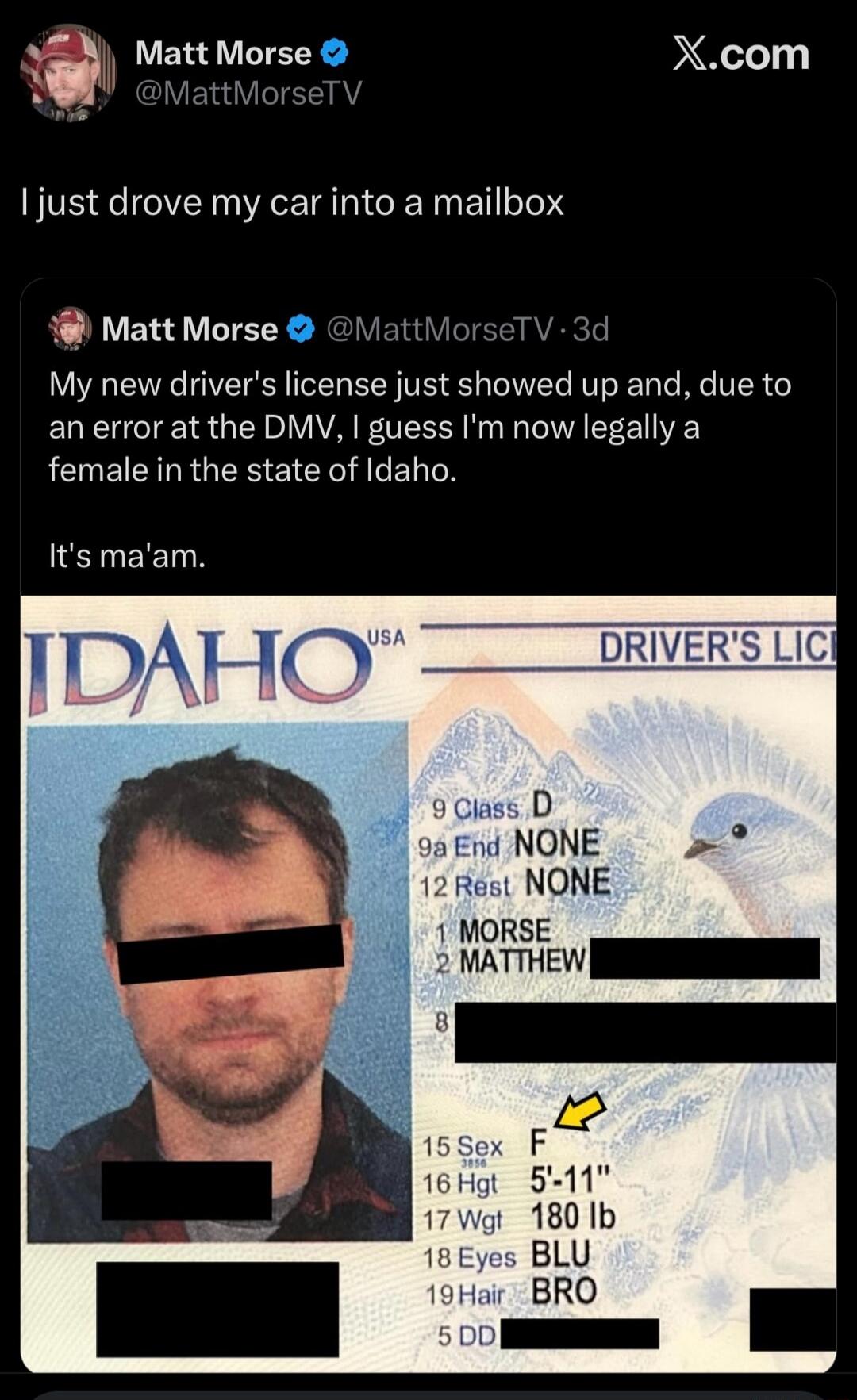 I just drove my car into a mailbox
My new driver's license just showed up and, due to an error at the DMV, I guess I'm now legally a female in the state of Idaho. It's ma'am.