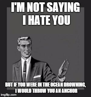 I'M NOT SAYING I HATE YOU BUT IF YOU WERE IN THE OCEAN DROWNING, I WOULD THROW YOU AN ANCHOR
