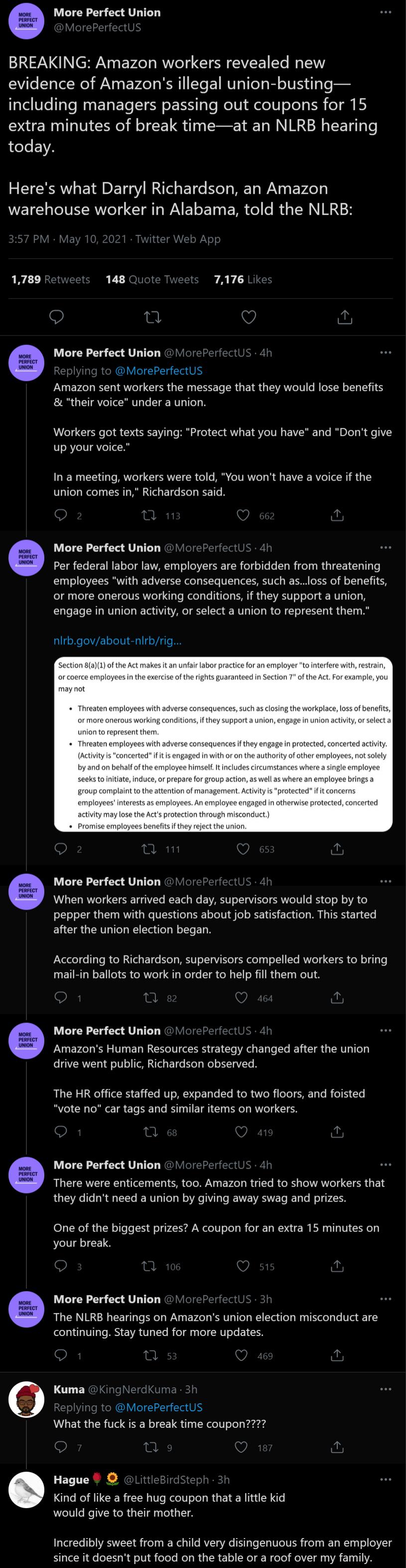 More Perfect Union orePerfectUS BREAKING Amazon workers revealed new Sl T Yol We ANS L EVZeT s N1 Yo ETMUTa o s B oINS i T Te o 1el Ve Tale Wi ET EYe T eE IS Yo Woll fclel0 o oTs 1S eT M I extra minutes of break timeat an NLRB hearing eJeEIYA SRV LA ETsY WTel s ETe el MET W s EVAeTy warehouse worker in Alabama told the NLRB FAYARLE O n V More Perfect Union MorePerfectUs 4h Replying to MorePerfectU