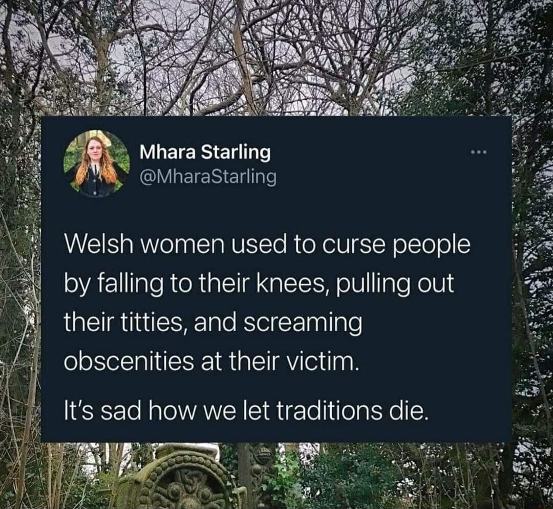 Y Mhara Starling M Mharastarling Welsh women used to curse people by falling to their knees pulling out their titties and screaming obscenities at their victim Its sad how we let traditions die