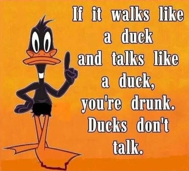 If it walks like a duck and talks like a duck, you're drunk. Ducks don't talk.