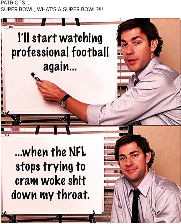 Patriots... SUPER BOWL, WHAT'S A SUPER BOWL?!!! I'll start watching professional football again... ...when the NFL stops trying to cram woke shit down my throat.