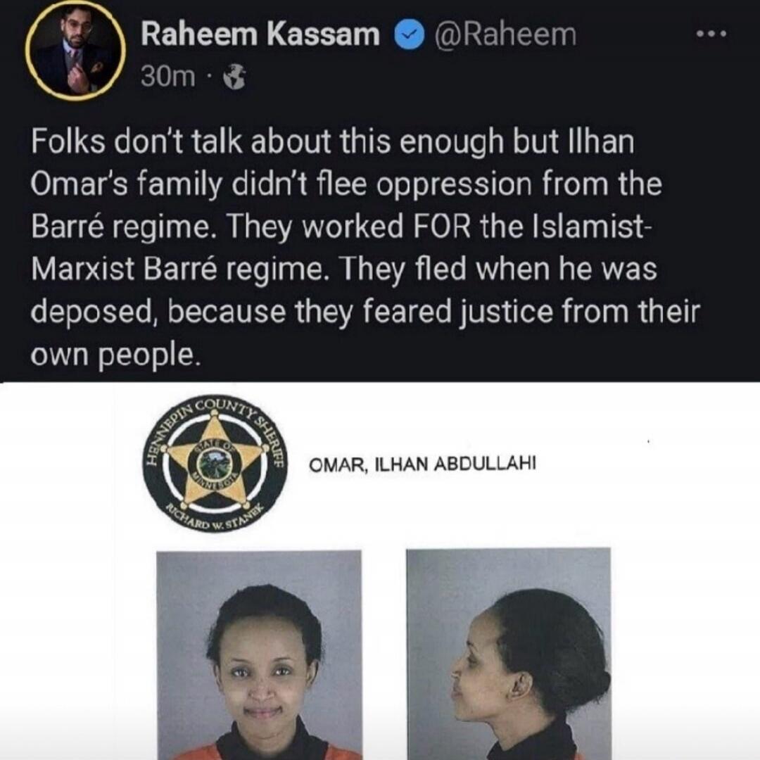 Folks don't talk about this enough but Ilhan Omar's family didn't flee oppression from the Barré regime. They worked FOR the Islamist-Marxist Barré regime. They fled when he was deposed, because they feared justice from their own people.