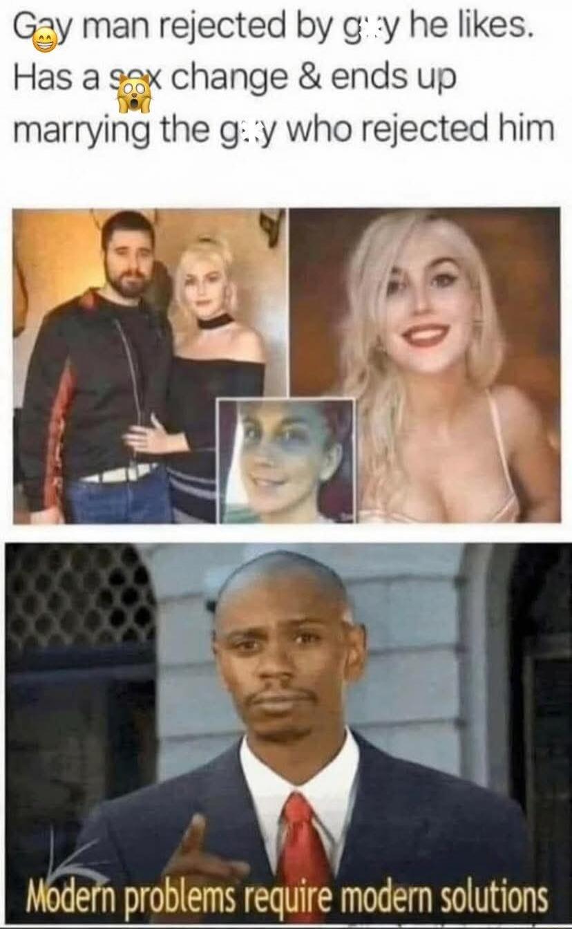 Gay man rejected by guy he likes. Has a sex change & ends up marrying the girl who rejected him. Modern problems require modern solutions