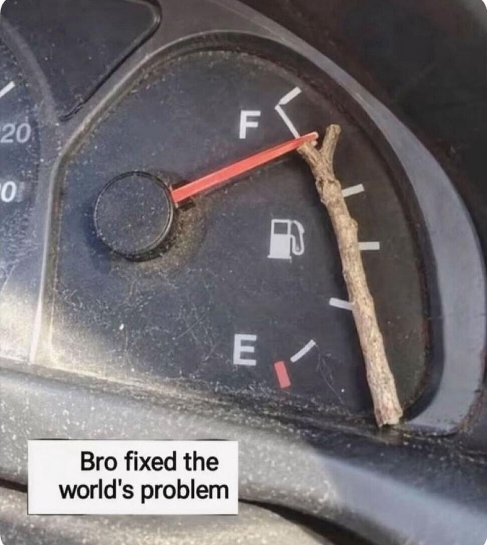 Bro fixed the world's problem. A car's fuel gauge shows the needle pointing to 'E' (Empty), but a small tree branch is used to hold the needle at 'F' (Full).