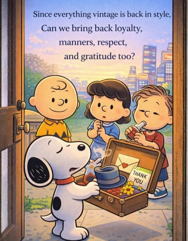 Since everything vintage is back in style, Can we bring back loyalty, manners, respect, and gratitude too?

(Visible on the box: THANK YOU)