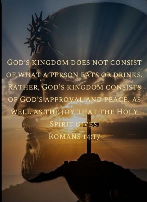 God's kingdom does not consist of what a person eats or drinks. Rather, God's kingdom consists of God's approval and peace, as well as the joy that the Holy Spirit gives. Romans 14:17