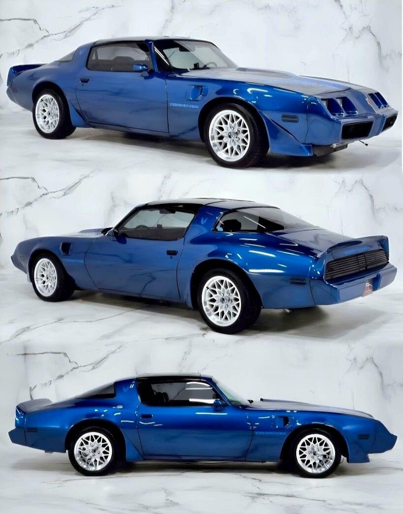 Blue vintage sports car photographed from multiple angles.
