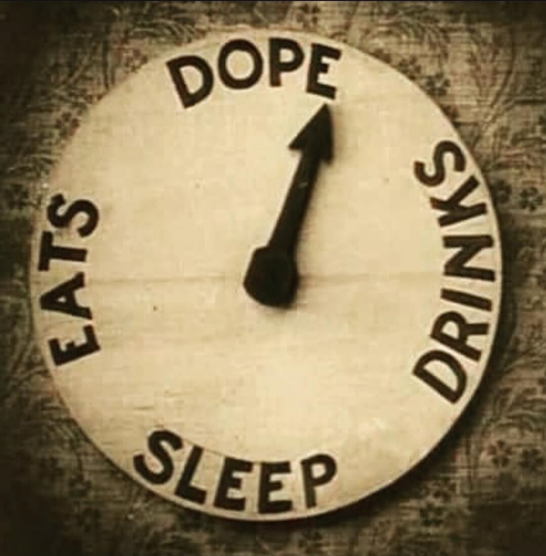A circular dial with an arrow pointing to the word 'DOPE'. Other words visible on the dial are 'EATS', 'DRINKS', and 'SLEEP'.